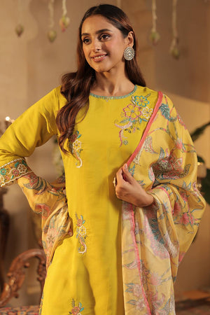Yellow Embroidered Silk Blend Kurti Pant Set (IDKH9YL10465)