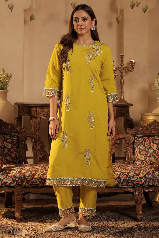 Yellow Embroidered Silk Blend Kurti Pant Set (IDKH9YL10465)
