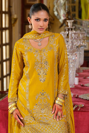 Yellow Embroidered Chinon Kurti Pant Set (IDKH9YL11700)