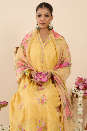 Yellow Embroidered Organza Kurti Pant Set (IDKH9YL11735)
