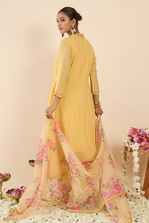 Yellow Embroidered Organza Kurti Pant Set (IDKH9YL11735)