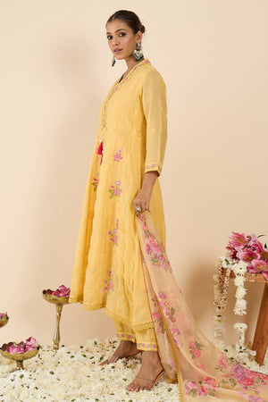 Yellow Embroidered Organza Kurti Pant Set (IDKH9YL11735)