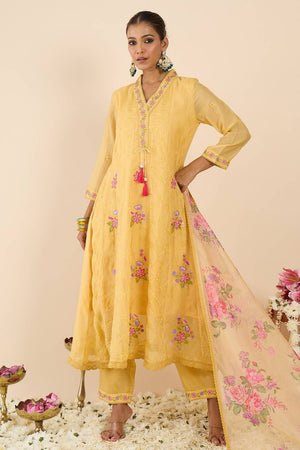 Yellow Embroidered Organza Kurti Pant Set (IDKH9YL11735)