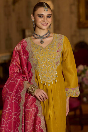 Yellow Embroidered Silk Blend Kurti Pant Set (IDKH9YL12316)