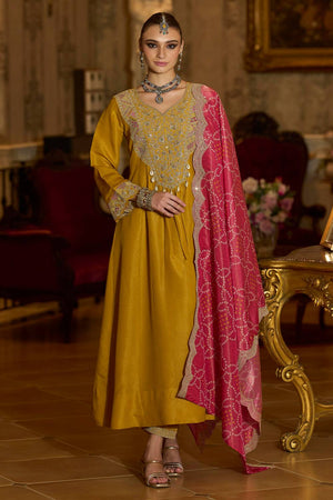 Yellow Embroidered Silk Blend Kurti Pant Set (IDKH9YL12316)