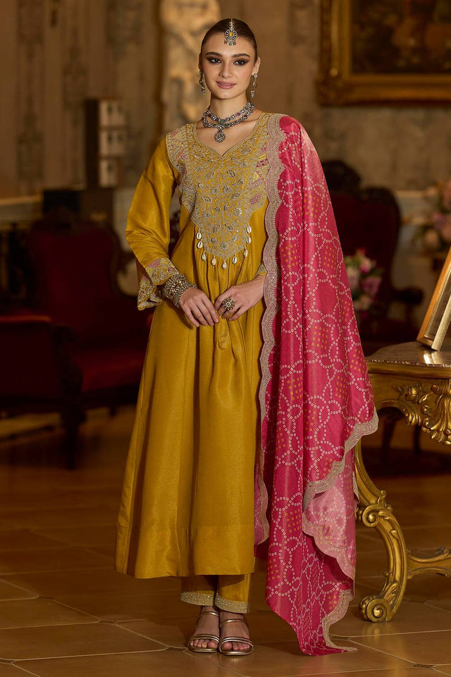 Yellow Embroidered Silk Blend Kurti Pant Set (IDKH9YL12316)