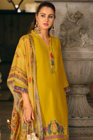 Yellow Embroidered Silk Blend Kurti Pant Set (IDKH9YL12500)