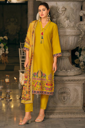 Yellow Embroidered Silk Blend Kurti Pant Set (IDKH9YL12500)