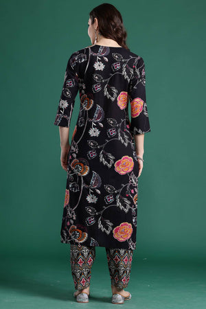 Black Floral Printed Cotton Kurti Pant Set (IDKS0BK10712)