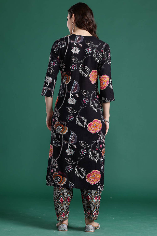 Black Floral Printed Cotton Kurti Pant Set (IDKS0BK10712)