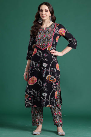 Black Floral Printed Cotton Kurti Pant Set (IDKS0BK10712)