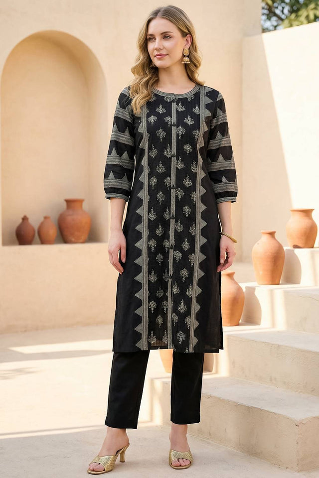 Black Printed Cotton Kurti Pant Set (IDKS0BK10993)