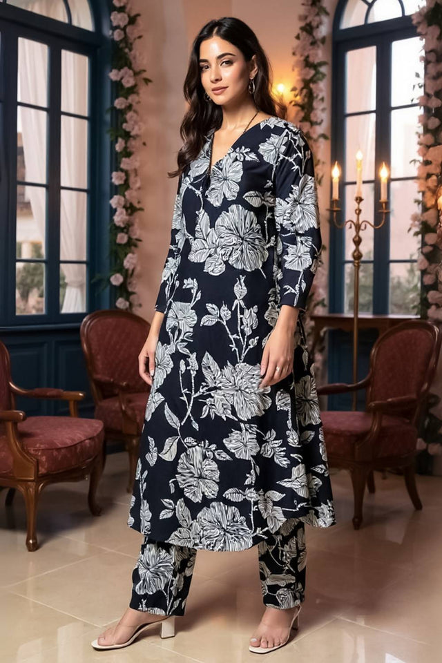 Black Floral Printed Cotton Kurti Pant Set (IDKS0BK11142)