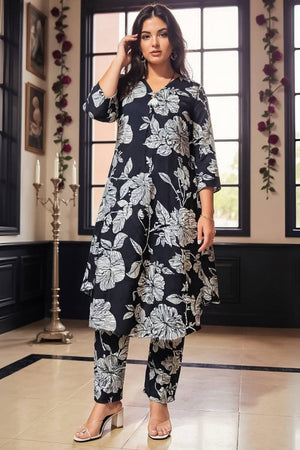 Black Floral Printed Cotton Kurti Pant Set (IDKS0BK11142)