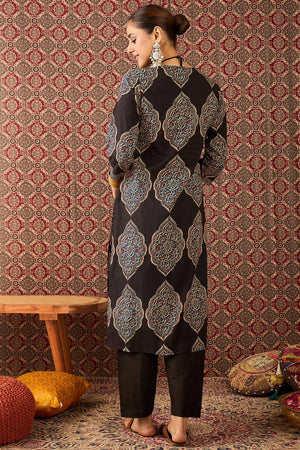 Black Printed Cotton Kurti Pant Set (IDKS0BK11281)
