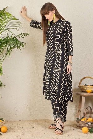 Black Printed Cotton Kurti Pant Set (IDKS0BK11807)