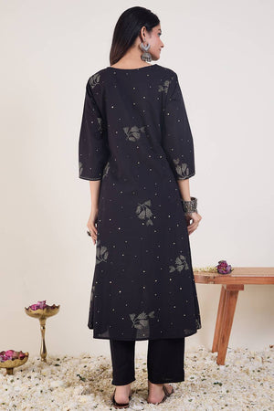 Black Floral Printed Cotton Kurti Pant Set (IDKS0BK11809)