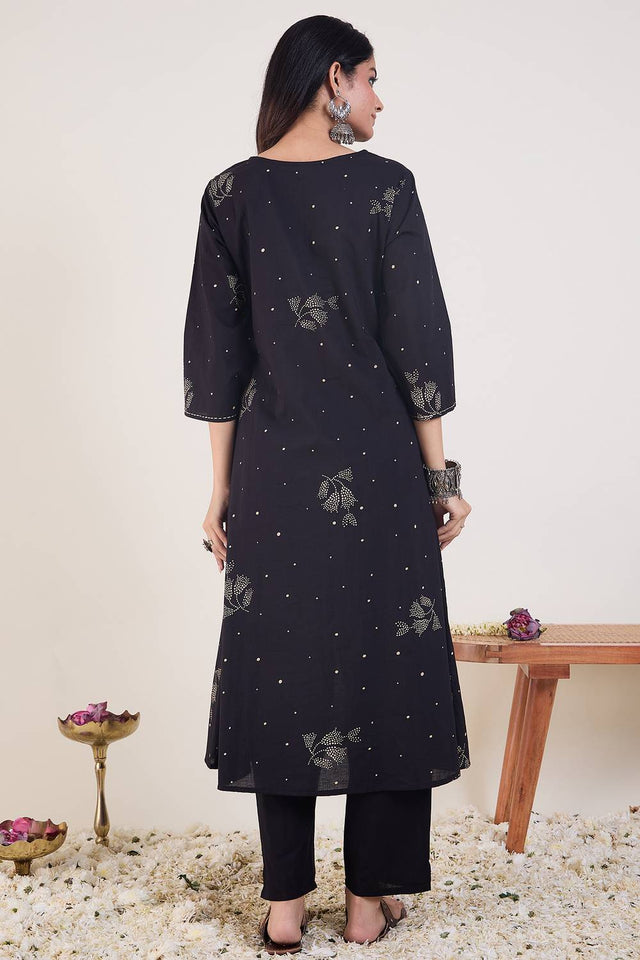 Black Floral Printed Cotton Kurti Pant Set (IDKS0BK11809)