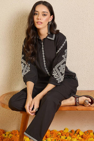 Black Floral Embroidered Cotton Kurti Pant Set (IDKS0BK11839)
