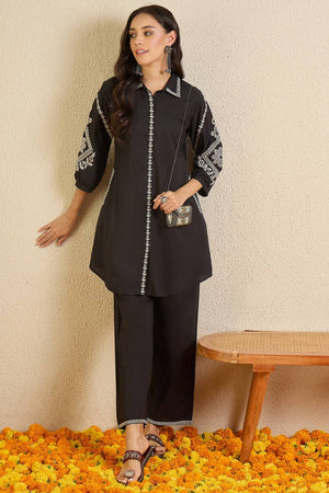 Black Floral Embroidered Cotton Kurti Pant Set (IDKS0BK11839)