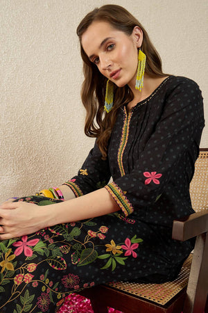 Black Floral Printed Cotton Kurti Pant Set (IDKS0BK11921)