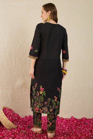 Black Floral Printed Cotton Kurti Pant Set (IDKS0BK11921)