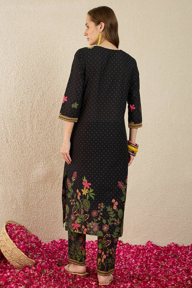 Black Floral Printed Cotton Kurti Pant Set (IDKS0BK11921)