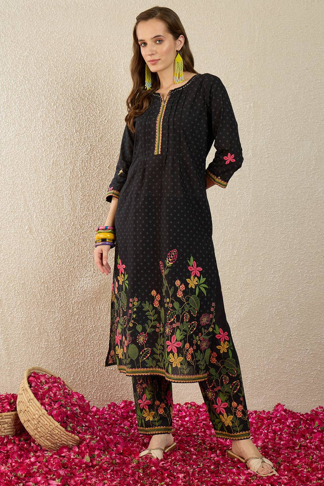 Black Floral Printed Cotton Kurti Pant Set (IDKS0BK11921)