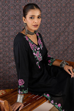 Black Embroidered Cotton Kurti Pant Set (IDKS0BK11940)