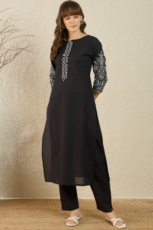 Black Floral Embroidered Cotton Kurti Pant Set (IDKS0BK11957)