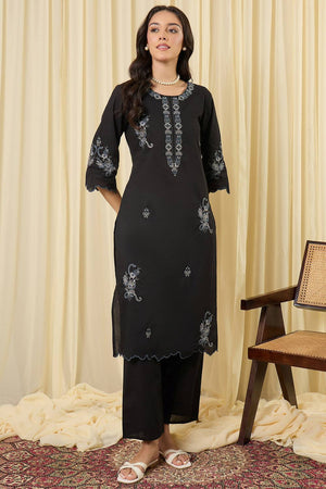 Black Floral Embroidered Cotton Kurti Pant Set (IDKS0BK12182)