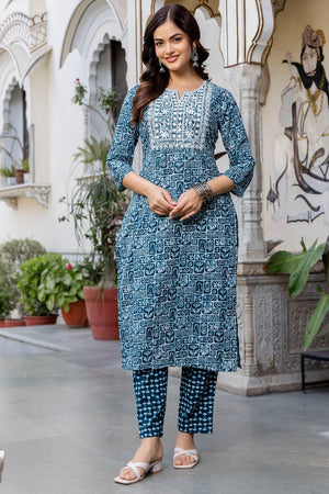 Blue Floral Printed Cotton Kurti Pant Set (IDKS0BL11621)