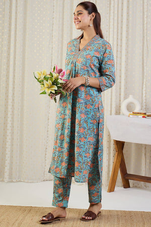 Blue Floral Printed Cotton Kurti Pant Set (IDKS0BL11671)