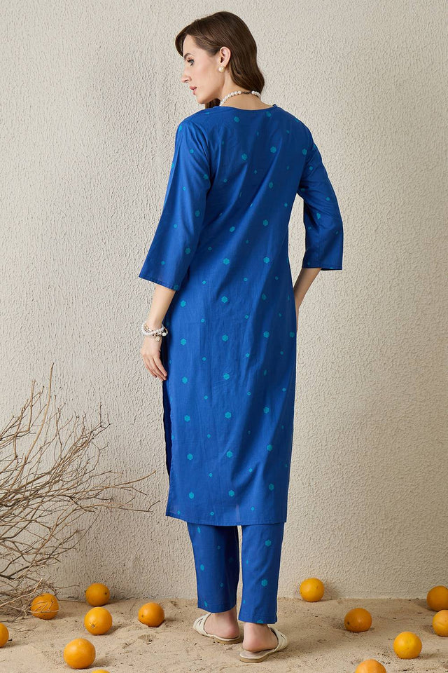 Blue Printed Cotton Kurti Pant Set (IDKS0BL11678)