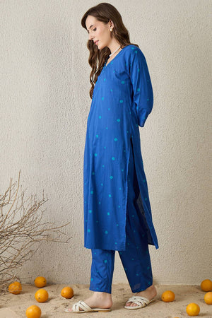 Blue Printed Cotton Kurti Pant Set (IDKS0BL11678)