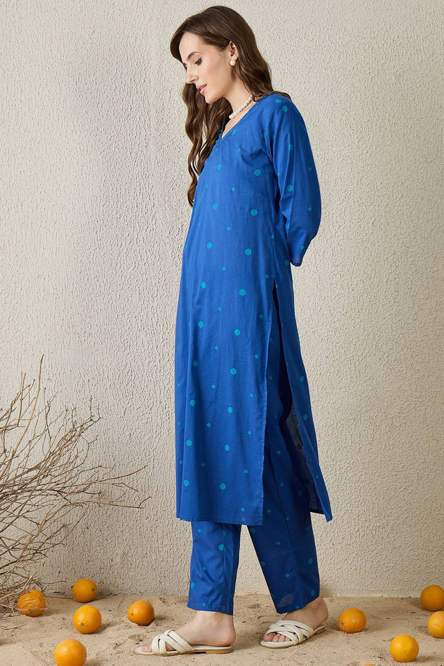 Blue Printed Cotton Kurti Pant Set (IDKS0BL11678)