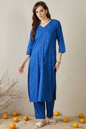 Blue Printed Cotton Kurti Pant Set (IDKS0BL11678)