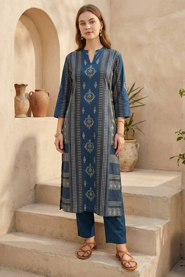 Blue Printed Cotton Kurti Pant Set (IDKS0BL11841)