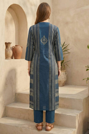 Blue Printed Cotton Kurti Pant Set (IDKS0BL11841)