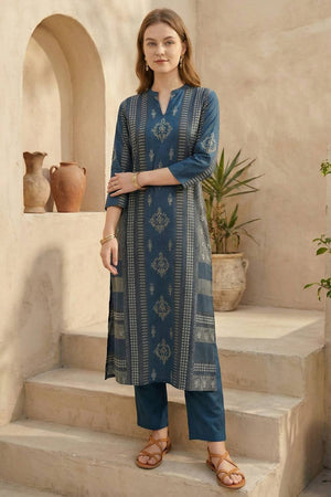 Blue Printed Cotton Kurti Pant Set (IDKS0BL11841)