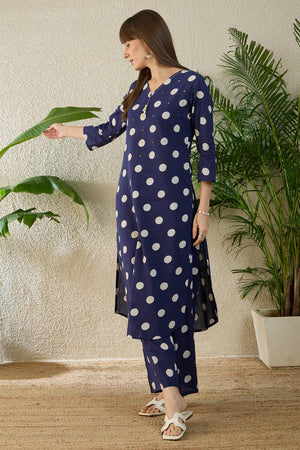 Blue Printed Cotton Kurti Pant Set (IDKS0BL11895)