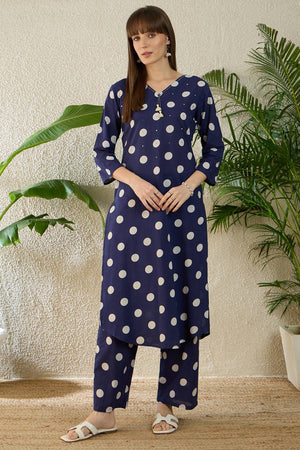 Blue Printed Cotton Kurti Pant Set (IDKS0BL11895)