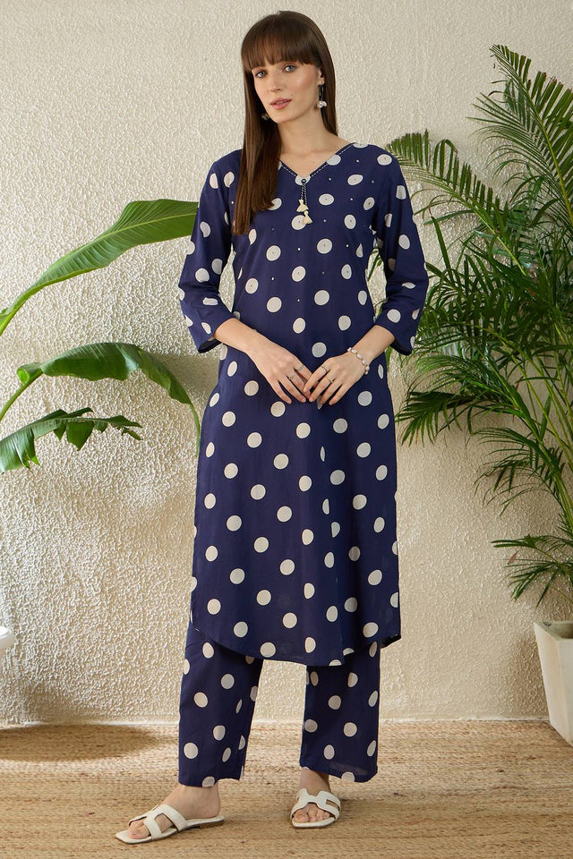 Blue Printed Cotton Kurti Pant Set (IDKS0BL11895)