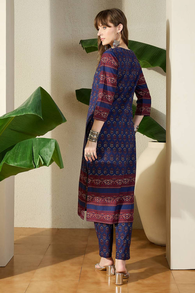Blue Floral Printed Cotton Kurti Pant Set (IDKS0BL11964)