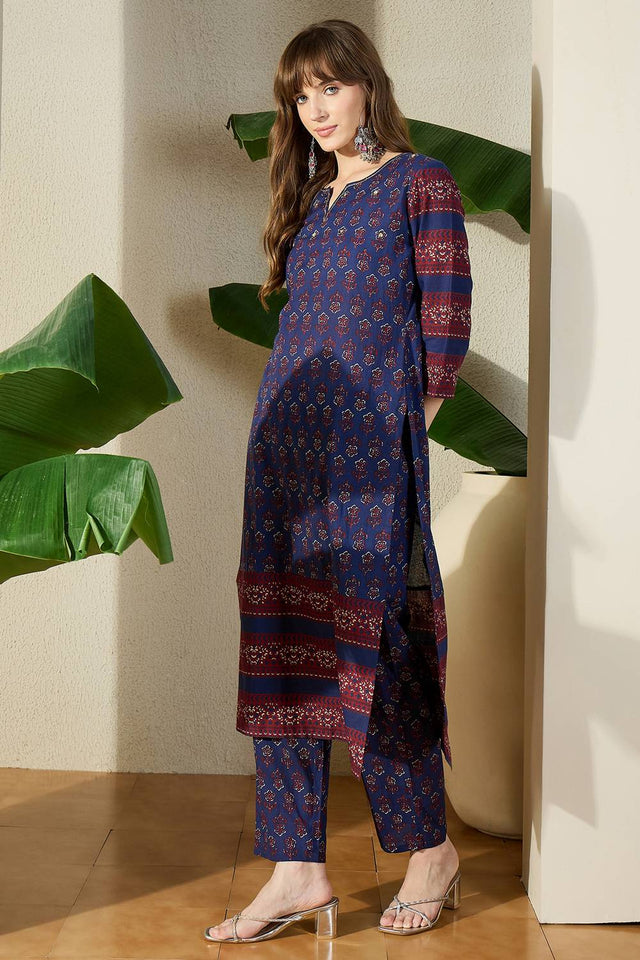 Blue Floral Printed Cotton Kurti Pant Set (IDKS0BL11964)