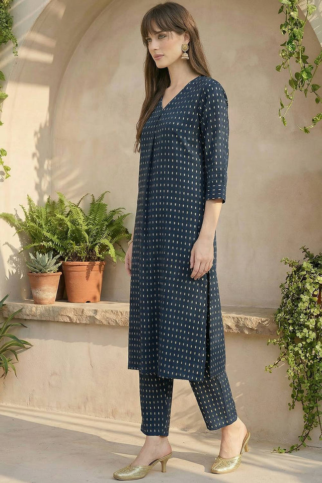 Blue Printed Cotton Kurti Pant Set (IDKS0BL12145)