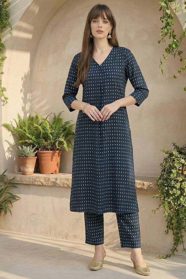 Blue Printed Cotton Kurti Pant Set (IDKS0BL12145)