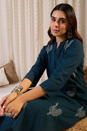 Blue Embroidered Cotton Kurti Pant Set (IDKS0BL12238)