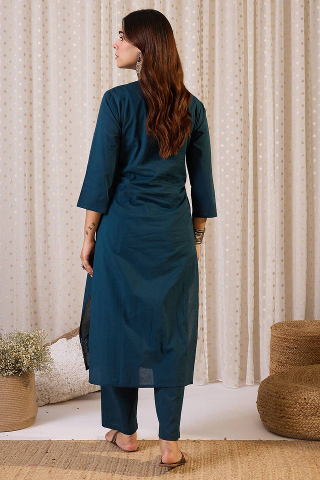Blue Embroidered Cotton Kurti Pant Set (IDKS0BL12238)