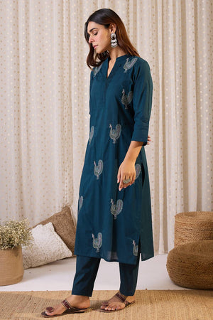Blue Embroidered Cotton Kurti Pant Set (IDKS0BL12238)